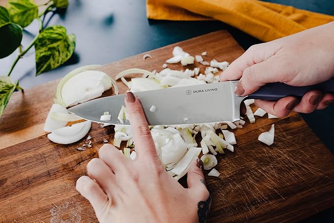 DURA LIVING Chef's Knife Set, 4 Piece Cutlery Knife Set, Superior Forged High Carbon Stainless Steel Ultra Sharp 8 Inch Chef, 7 Inch Santoku, 5 Inch Utility, 3.5 Inch Paring Knives, Grey