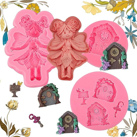 Fairy Tale Wooden Door Fondant Molds Flower Fairy Silicone Mold,for Fairy Tale Theme Party Cake Decoration Chocolate Candy Cookies Marzipan Gum Muffins DIY Resin Polymer Clay Crafts Set of 3