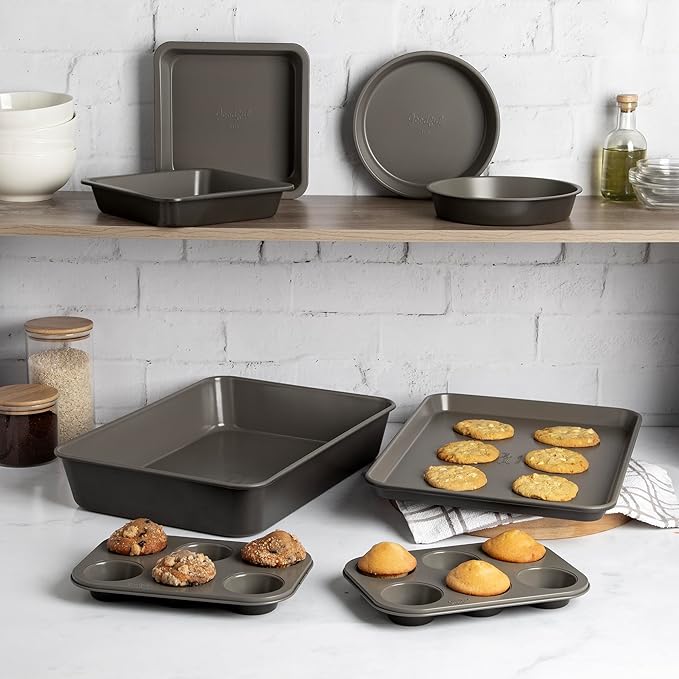 Goodful All-In-One Nonstick Bakeware Set, Stackable and Space Saving Design includes Round and Square Pans, Muffin Pans, Cookie Sheet and Roaster, Dishwasher Safe, 8-Piece, Graphite