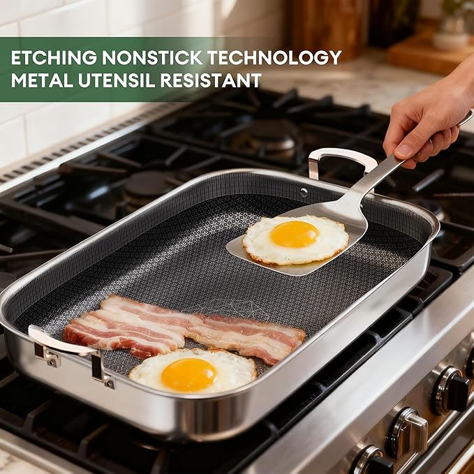 COOKER KING Stainless Steel Nonstick Roasting Pan with Rack, Roaster Turkey Pan Dishwasher and Oven Safe, Compatible with All Cooktops (Rectangular, Large)