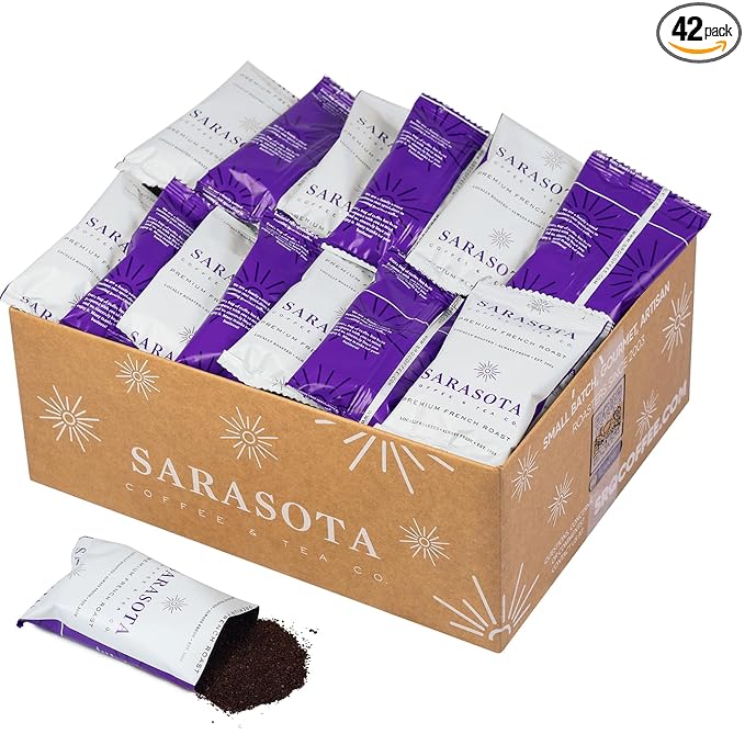 Sarasota Coffee Ground Packets | Low Acid Dark Roast Ground Coffee Packs | European French Roast | Mold Free Singles | Ground Pouches | Individual Packets for 12 Cup Coffee Maker | 1.5 Ounce Bags, 42 Count