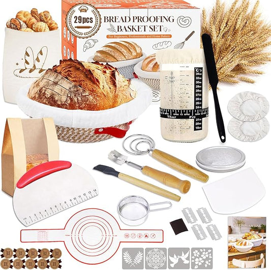 Sourdough Starter Kit, Sourdough Bread Baking Supplies, Cotton Rope Banneton Bread Proofing Basket Set with Sourdough Starter Jar for Bread Making Baking, Sour Dough Kit Tools Gifts for Bakers Women