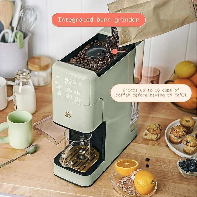 Beautiful Perfect Grind Programmable Single Serve Coffee Maker with Touch Display and Integrated Burr Grinder, Auto Coffee Strength Selection, 64oz Water Reservoir (Sage Green)