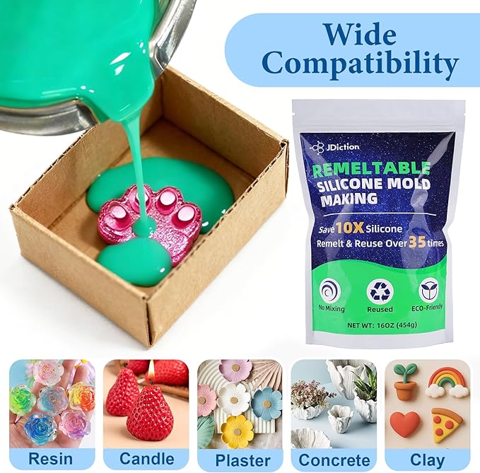 JDiction Remeltable Silicone Mold Making Kit, 35X Reusable Silicone for Mold Making, No Mix, Non-Toxic, Odorless Silicone Rubber for Resin, Epoxy, Plaster, Soap, Candle Mold, Small Crafts-16oz