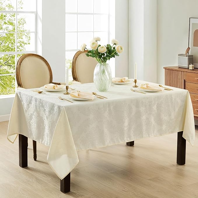 Newbridge Barcelona Luxury Damask Fabric Tablecloth, 70” x 70”, Square, Antique White, 100% Polyester, No Iron, Soil Resistant Dining Room, Party and Banquet Table Cover