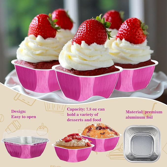 30PCS 7.8OZ Mini Aluminum Pans with Lids, Disposable, Magenta, Perfect for Birthday, Wedding Occasions