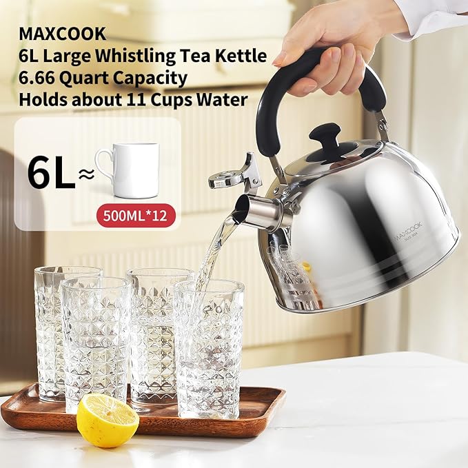 Tea Kettle, 5.7QT 6L Whistling Tea Kettle for Stove Top, 304 Stainless Steel Tea pot, Large Teapot for stovetop, Camping Kettle for Boiling Water (Mirror Polish)