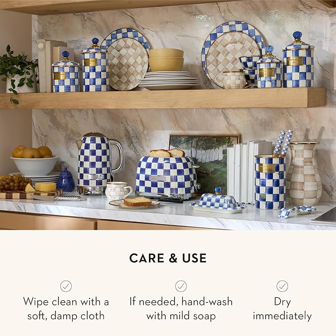 MACKENZIE-CHILDS Medium Enamel Canister, Kitchen Storage Container for Flour and Sugar, 1.42 Liters, Blue-and-White Royal Check