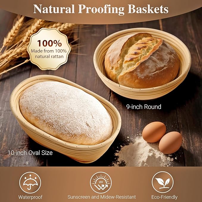 Sourdough Bread Proofing Basket Kit, 9" Round and 10" Oval Banneton Basket with Liners & Covers, Bread Baking Supplies with Bread Lame, Dough Whisk, Brush, Bowl Scraper