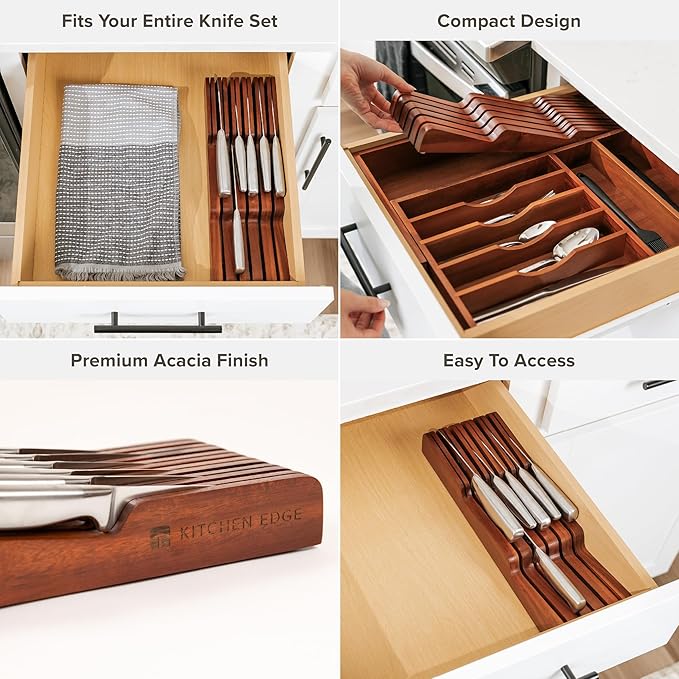 KitchenEdge Acacia Wood Kitchen Knife Block Holder Organizer - Holds 5 Long + 6 Short Knives (Not Included), Fits Most Knife Sizes, Rubber Feet, Premium Food-Safe Finish, In-Drawer Design