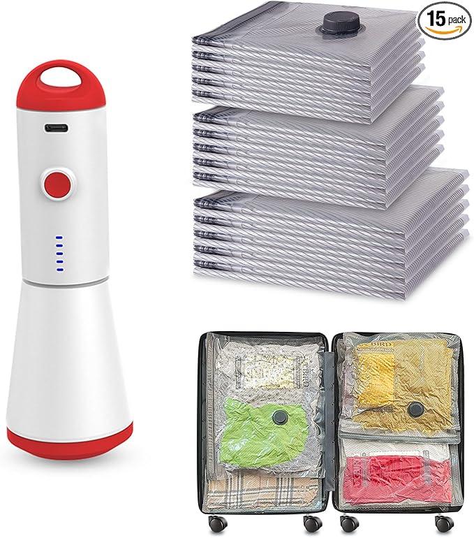 Travel Vacuum Storage Bags with Rechargeable USB Pump, 15 Pack Carry-On Size Compression Packing Bags for Luggage and Suitcase, Space Saver for Clothes and Clothing Travel