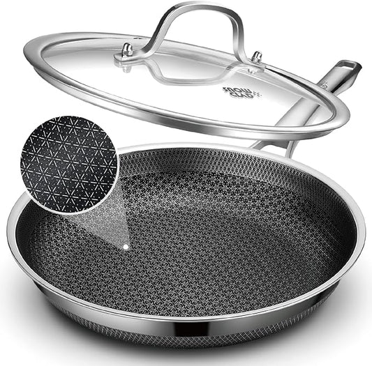 Frying Pan with Lid, 12 Inch Hybrid Non Stick Stainless Steel Skillets, Dishwasher Induction Oven Broiler Safe, Non Toxic Chef's Pan, PFOA Free Cookware