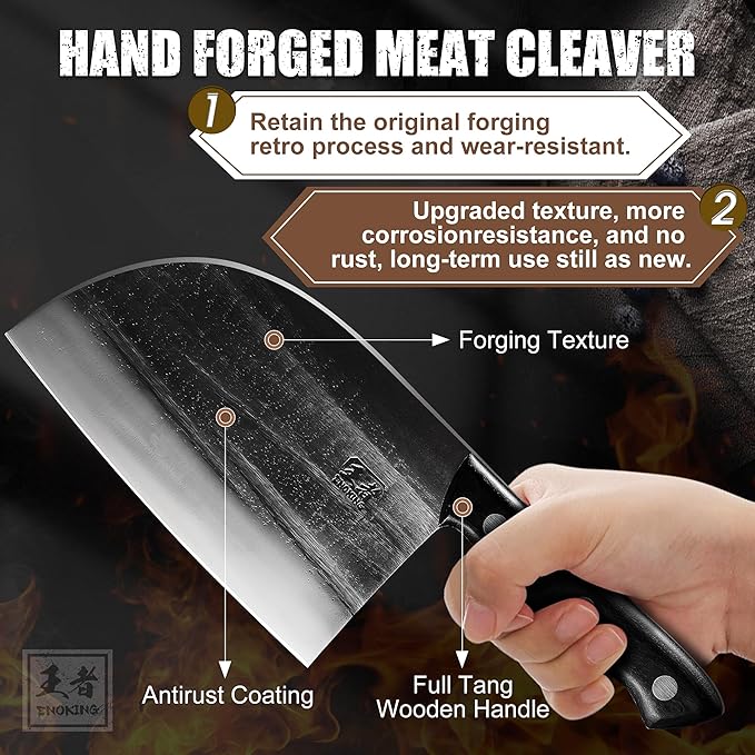 ENOKING Serbian Chef Knife 6.7 Inch, Handmade Professional Meat Cleaver Knife with Leather Sheath, High-Carbon Clad Steel Butcher Knife with Full Tang Handle for Kitchen, Camping, BBQ