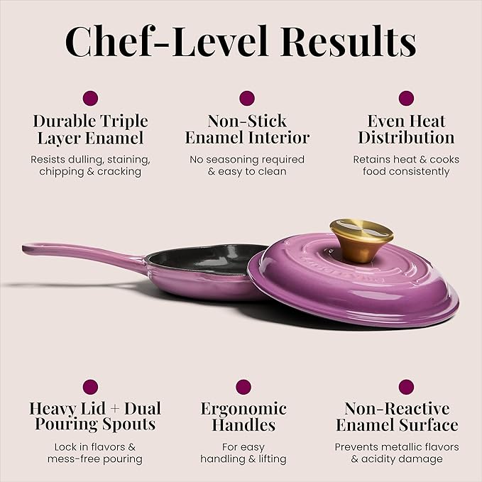 Chef Joe Sasto Small Skillet with Lid, Enameled Cast Iron, Small Frying Pan for Eggs, Omelets & Single Servings, Sweet Treats, Professional Cookware, Induction Compatible, Oven & Dishwasher Safe