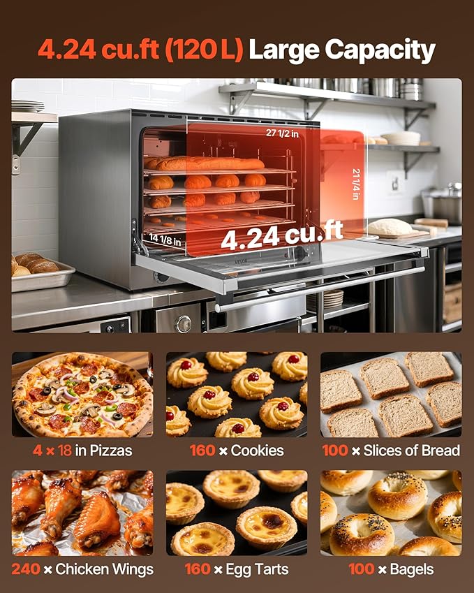 VEVOR Commercial Convection Oven, 4.24 cu.ft Conventional Countertop Oven for Full-Size Pans, Electric Convection Ovens with 4 Racks, 360° Hot Air Circulation, for Bakery, Restaurant & Pizza Shop