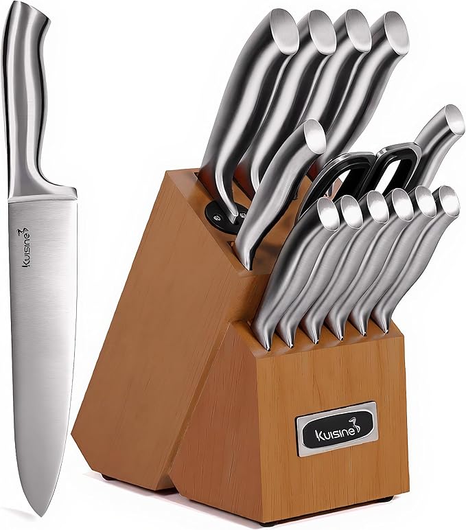 Kuisine Chef Knife Set Upgraded One Piece Molding Ultra Sharp Blade Ergonomic Handle,Kitchen Knife Block Set with Built-in Sharpener(Silver Acacia,15PCS)