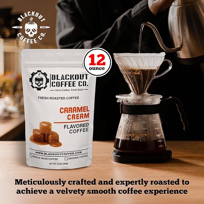 Blackout Coffee Caramel Cream Flavored Ground Coffee – Medium Roast, Smooth Taste, Guilt-Free Indulgence – Freshly Roasted 12oz Bag, American Made