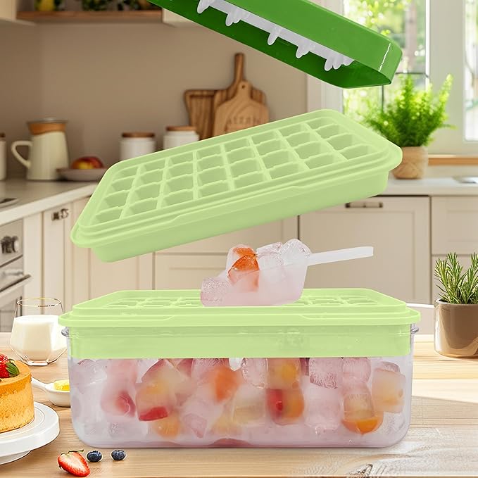 Satax Silicone & Plastic Ice Cube Trays with Lids and Bin - Durable, BPA-Free, Easy Release, Perfect for Cocktails, Coffee & More (2, green)