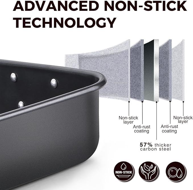 HONGBAKE Lasagna Pan 3 Inch Deep, 15x10" Baking Pan for Oven, Nonstick Cake Baking Dish for Brownie, Roasting Pans with Stainless Steel Handles, Heavy Duty, Dishwasher Safe, Dark Grey