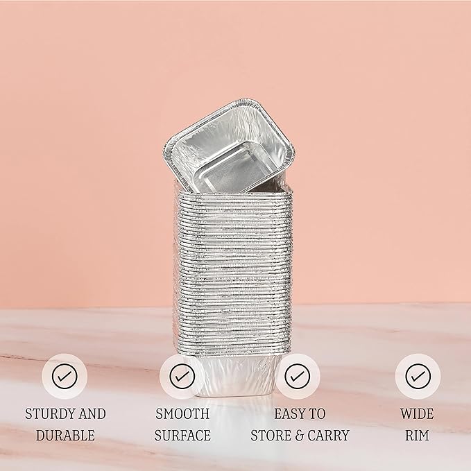 PLASTICPRO Disposable 3'' X 3 X 2'' Inch Square Aluminum Tin Foil Baking Pans Bakeware - Cookware Perfect for Baking Cakes,Brownies,Bread, Meatloaf, Lasagna, Pack of 50