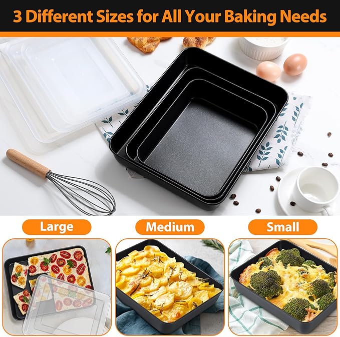 E-far Baking Pans with Lids Set of 3, Nonstick Sheet Cake Pan for Oven Lasagna Brownie Casserole - 12.5/10.5/9.4Inch, Rectangle Metal Bakeware Set, Stainless Steel Core - 6 Pieces(3 Pans + 3 Covers)