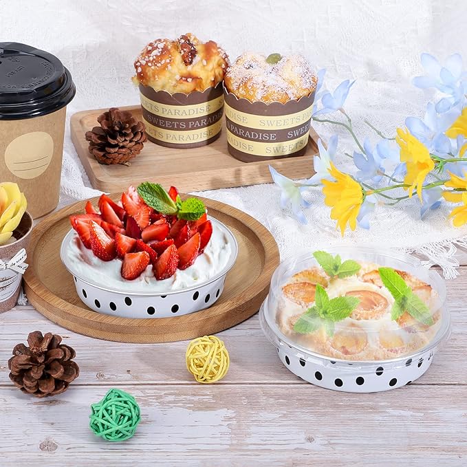 Beasea Mini Tart Pans with Lids 50 Pack, 4” 8oz Disposable Aluminum Baking Foil Tins Round Small White Black Dot Container for Individual Cupcake Dessert Muffin Ramekin Cheesecake Quiche Oven Dishes