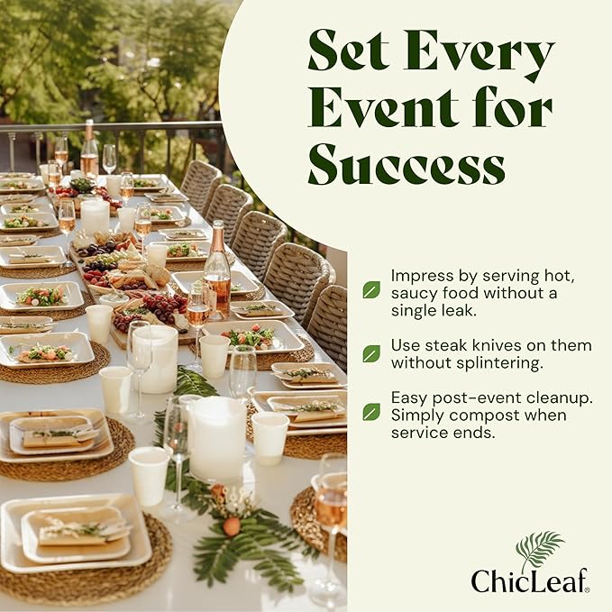 Chic Leaf Disposable Palm Leaf Plates - 50 Count, 8" Square, Natural - Bamboo Plates Disposable, Biodegradable & Compostable - Microwave Safe & Heavy Duty - Event & Party Supplies - Wedding Decor