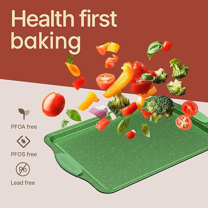 BAKKEN Kitchen Baking Pan Set - Nonstick Green Marble Coating, Carbon Steel Bakeware Sets with Green Silicone Handles, Kitchen Essentials, PFOA, PFOS, PTFE Free, Oven Safe (Up To 450° F), Set of 18