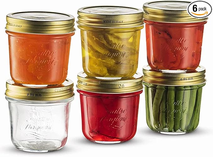 Bormioli Rocco Quattro Stagioni 6.75 oz Glass Preserving Jar (Set of 6) - Wide‑Mouth Twist‑Top Canister with Airtight Seal - Bee embossed Storage & Serving Vessel - Made in Italy, BPA‑Free