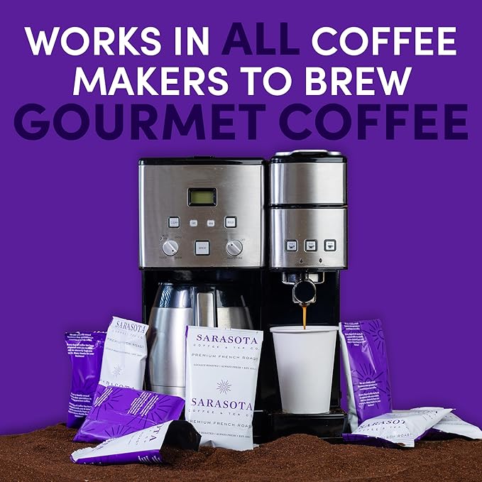 Sarasota Coffee Ground Packets | Low Acid Dark Roast Ground Coffee Packs | European French Roast | Mold Free Singles Packets | Individual Coffee Pouches for 12 Cups Maker | 2 Ounce Bags, 36 Count