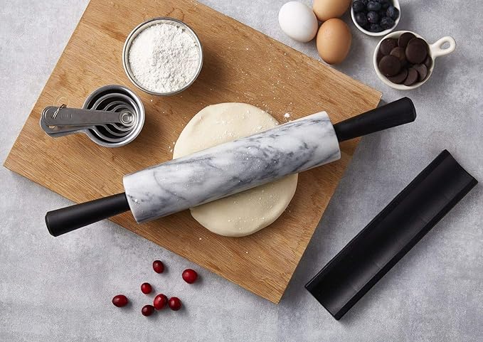 JEmarble Rolling Pin-Plastic Handles(White)(Premium Quality) Polished Surface 18-inch(10"Barrel) Genuine Stone Non-stick Save Effort Easy to Clean