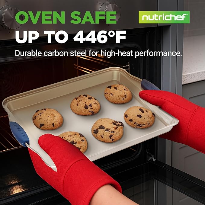 NutriChef 3‑Piece Non‑Toxic Cookie Sheets for Baking – Premium Carbon Steel Oven Tray Set with Blue Silicone Handles – Nonstick Baking Sheet Set for Cookies, Pastries & Oven‑Safe Cooking