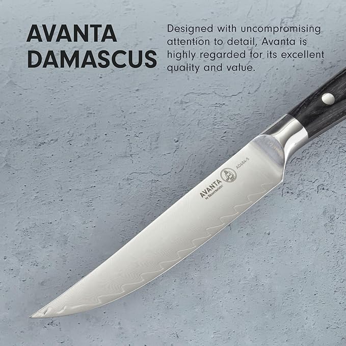 Messermeister Avanta Damascus Forged 5” Fine Edge Steak Knife Set - Rust Resistant & Easy to Maintain - Includes 4 Steak Knives