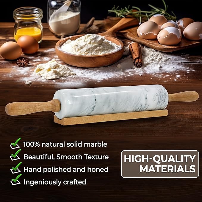 Nonstick Marble Rolling Pin with Wooden Handles and Wooden Resting Base-Ideal for Dough-Pastry Bread Tortillas and Pizza-Essential Baking and Kitchen Tool