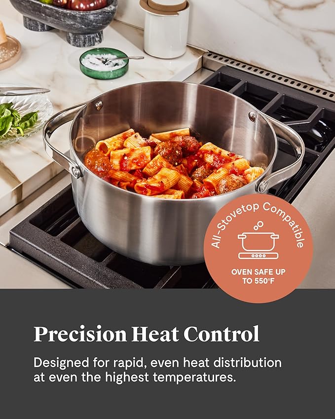 Caraway Stainless Steel Dutch Oven (6.5 Qt) - 5-Ply Stainless Steel - Oven Safe & Stovetop Agnostic - Non Toxic, PTFE & PFOA Free