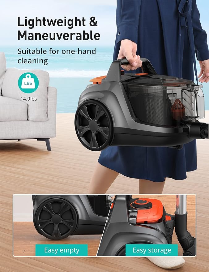 Aspiron Canister Vacuum Cleaner, 30Kpa Bagless Vacuum Cleaners, 3.7QT Large Dust Cup, Double HEPA Filter, Retractable Cord, 1600W Lightweight Vacuum Cleaner with 5 Tools for Hard Floors, Persimmon