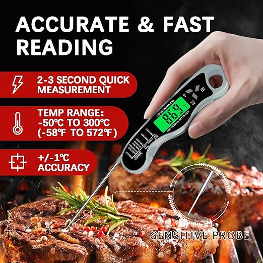 Meat Thermometer Digital，IP67 Waterproof Cooking Thermometer with Backlight, Calibration & Hold Function，Food Thermometer for Cooking,Outdoor Grilling，Suitable as Stocking Stuffers for Men