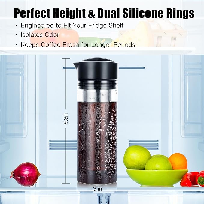 25oz Cold Brew Coffee Maker 4 Cup Capacity Tea Maker, Iced Coffee Pot, Cold Heat Resistant Borosilicate Glass Carafe, Stainless Steel Mesh Filter Basket and Black Freshness Lid