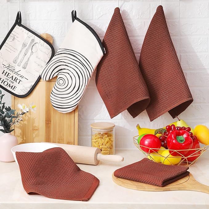 Homaxy 100% Cotton Waffle Weave Kitchen Dish Cloths, Ultra Soft Absorbent Quick Drying Dish Towels, 12 x 12 Inches, 12-Pack, Rust