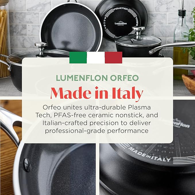 Orfeo 11” Nonstick Wok Pan, Made in Italy, Diamond Ceramic PFAS-Free Cookware, Induction Ready, Scratch Resistant, Laser-Fused Surface for Durability, Dishwasher Safe, Black