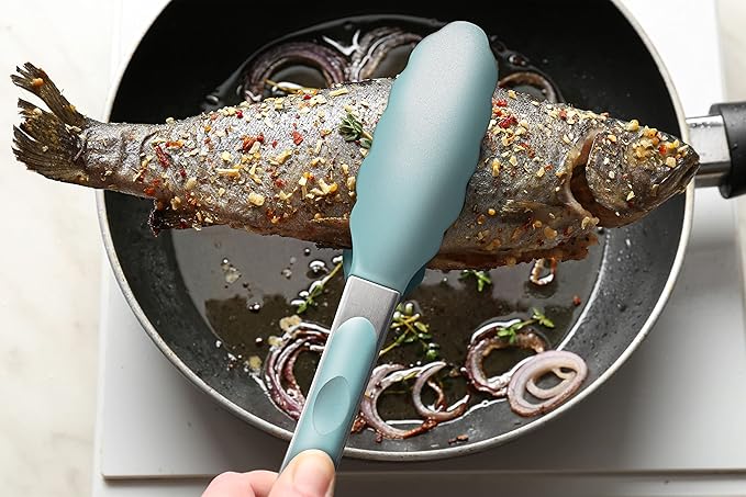 9-Inch & 12-Inch Cooking Tongs, Premium Silicone Set of 2 BPA Free Non-Stick Stainless Steel BBQ Grilling Locking Food Tong, Aqua Sky