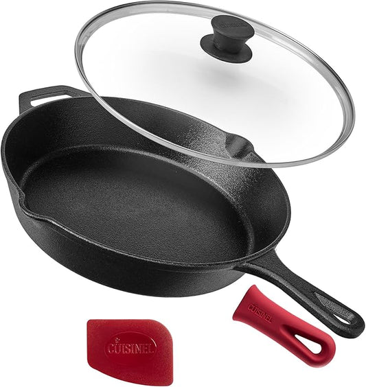 Cuisinel Cast Iron Skillet with Lid - 12"-Inch Frying Pan + Glass Lid + Heat-Resistant Handle Cover - Pre-Seasoned Oven Safe Cookware - Indoor/Outdoor Use - Grill, BBQ, Fire, Stovetop, Induction Safe