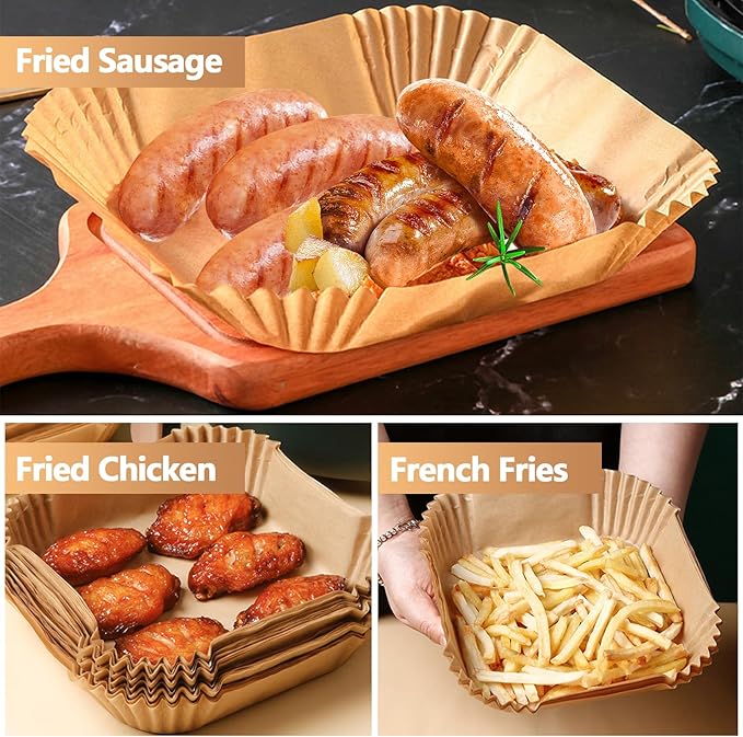 10 Inch Air Fryer Paper Liners, 100Pcs Air Fryer Liner Disposable, Oil-Proof & High-Temperature Resistant Parchment Baking Paper for Air Fryer, Microwave and Oven（Bottom Is 9 Inch）