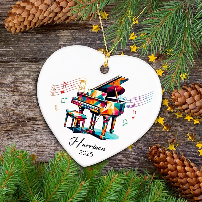 Piano Xmas Tree Ceramic Ornament Gifts for Music Lovers, Personalized Name & Year Piano Player Ornaments 2025, Pianist Ceramic Ornament Christmas Hanging, Custom Musical Instrument Ornaments Decor