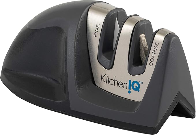 KitchenIQ 50825 | Diamond Deluxe Edge Grip 2-Stage Knife Sharpener | Black | Coarse & Fine Sharpeners | Compact for Easy Storage | Non-Slip Base | Soft Grip Rubber Handle | Straight & Serrated Knives