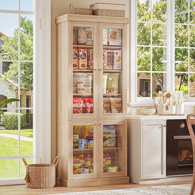 70.8" Bookshelf with Glass Doors, Farmhouse Modular Bookcase with 6-Tier Adjustable Shelves, Large Storage Cabinet for Living Room & Home Office, Set of 4, Brown
