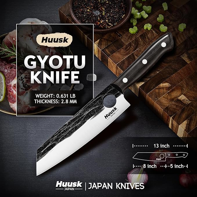 Huusk Kiritsuke Knife Japanese, Gyuto Knife, Japanese Chef Knives with Full Tang Handle, Hand Forged Kitchen Knives for Sushi, Meat, Fruits and Vegetables, Gift for Dad