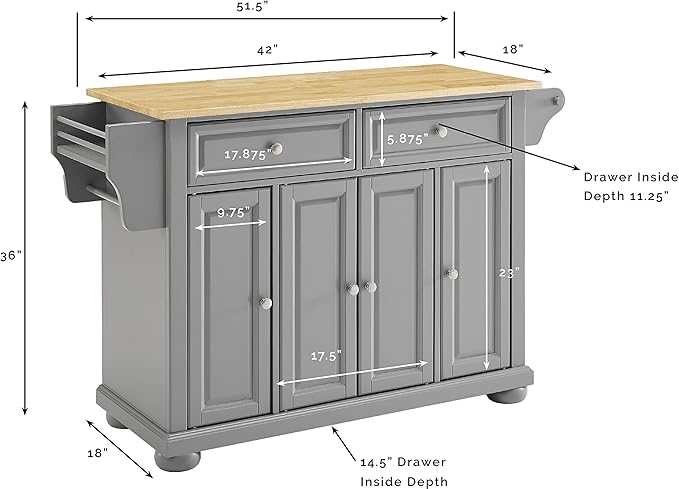 Crosley Furniture Alexandria Wood Top Rolling Kitchen Island Storage Cart, Microwave Stand, Spice Rack, Gray