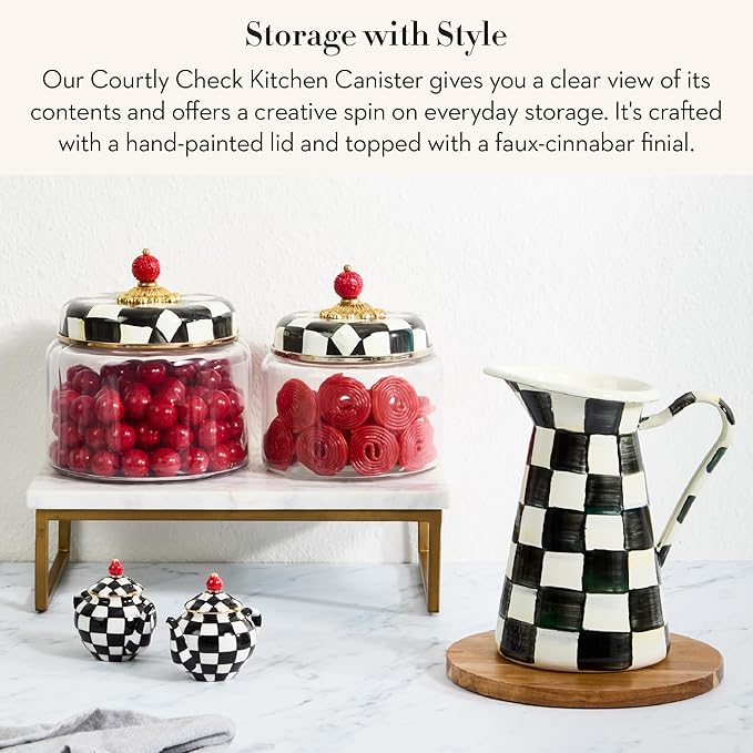 MACKENZIE-CHILDS Courtly Check Kitchen Canister, Decorative Black-and-White Glass Storage Jar with Lid, Medium