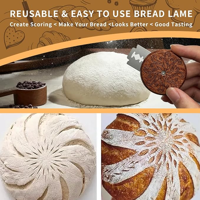Bread Lame Sourdough Scoring Tool - Wooden Lame Bread Scoring Tool with 5 Razor Blades and Leather Storage Cover - UFO Bread Lame Dough Scoring Tool for Bread Baking